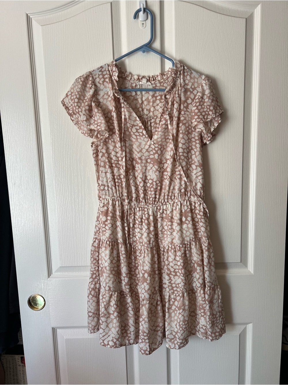 Blu Pepper Tiered Short Sleeve Dress in Beige and White Spot Print